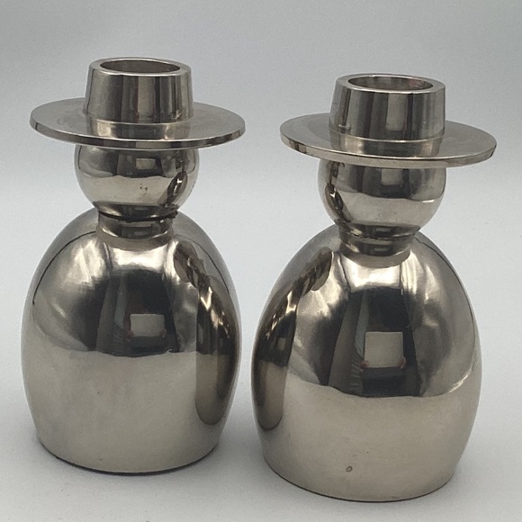 Crate&Barrel Silver Snow Men Candle Holders Heavy Metal - Picture 3 of 3